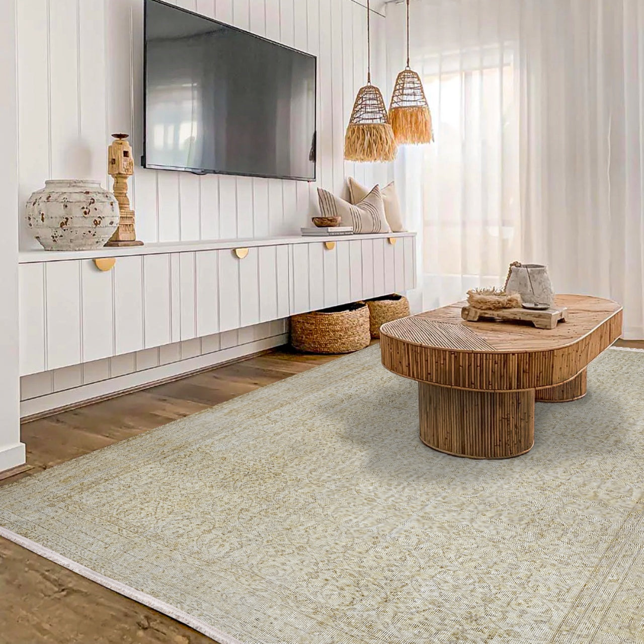 Vintage Bej Eskitme Yün ve Pamuk El Dokuma Halı 200x300