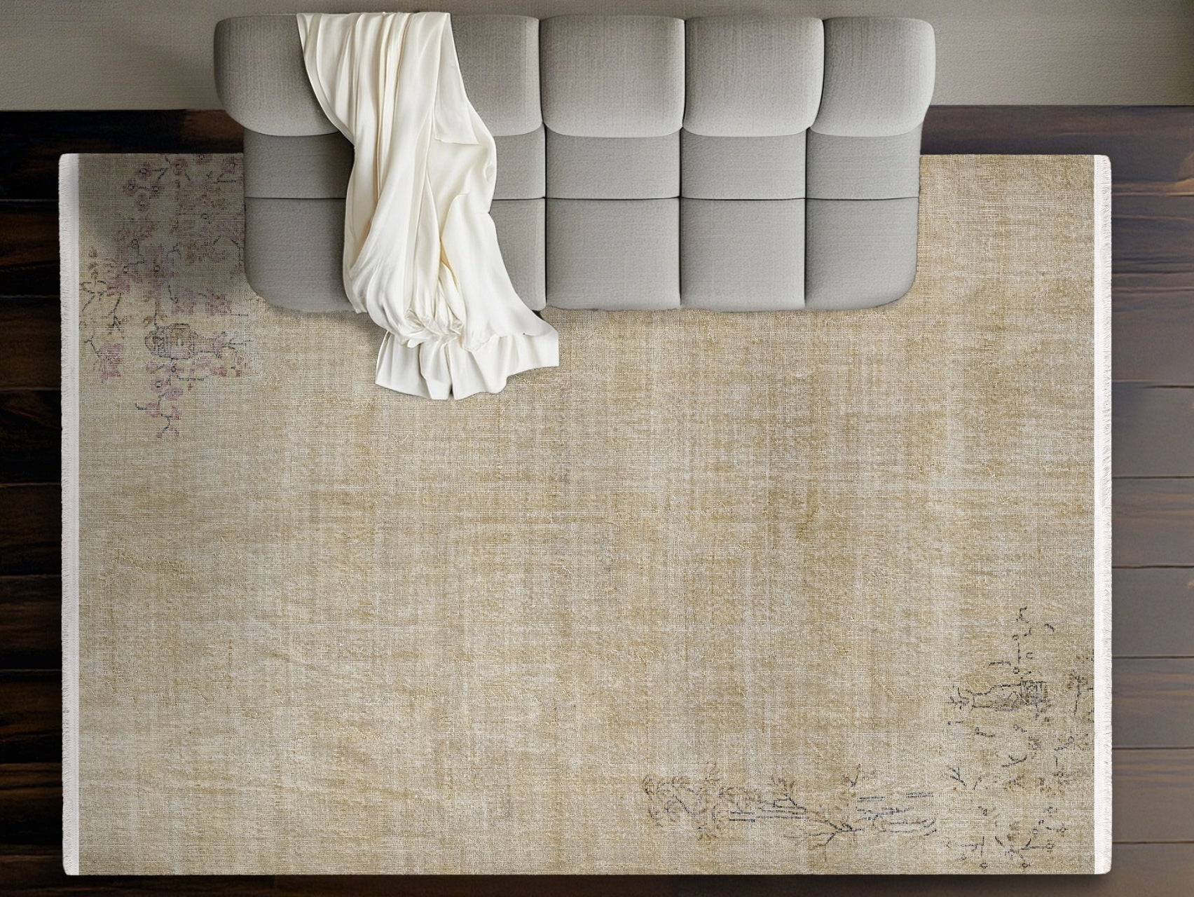 Vintage Krem Çiçekli Yün ve Pamuk El Dokuma Halı 177x277