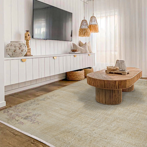 Vintage Krem Çiçekli Yün ve Pamuk El Dokuma Halı 177x277