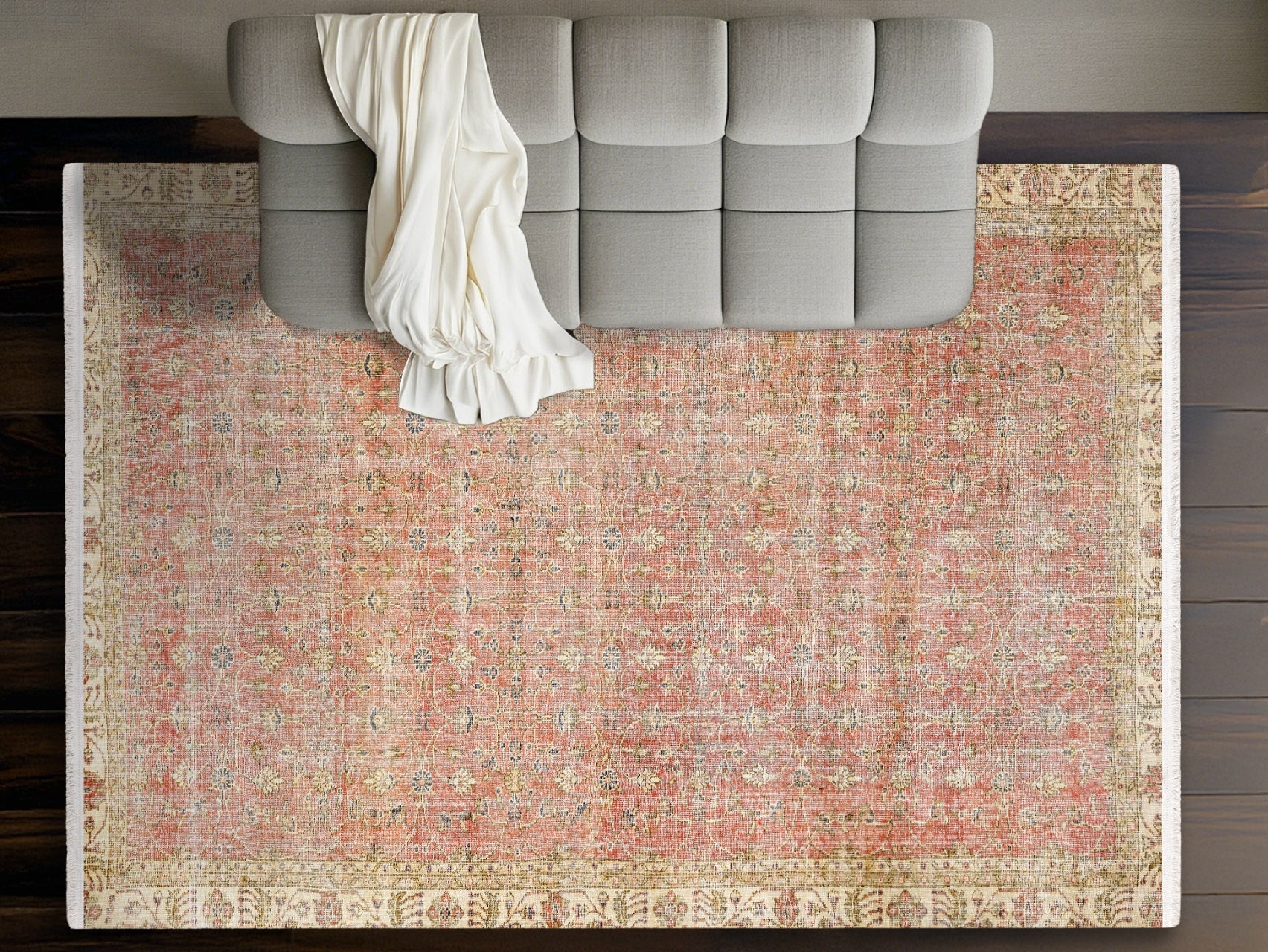 Vintage Kırmızı Çerçeveli Yün ve Pamuk El Dokuma Halı 191x293