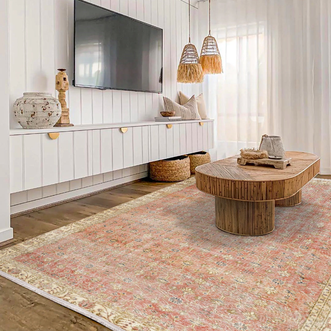 Vintage Kırmızı Çerçeveli Yün ve Pamuk El Dokuma Halı 191x293