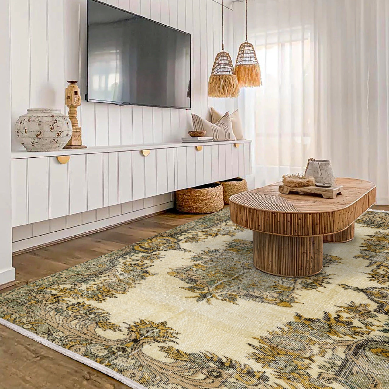 Vintage Yeşil Göbekli Yün ve Pamuk El Dokuma Halı 154x263