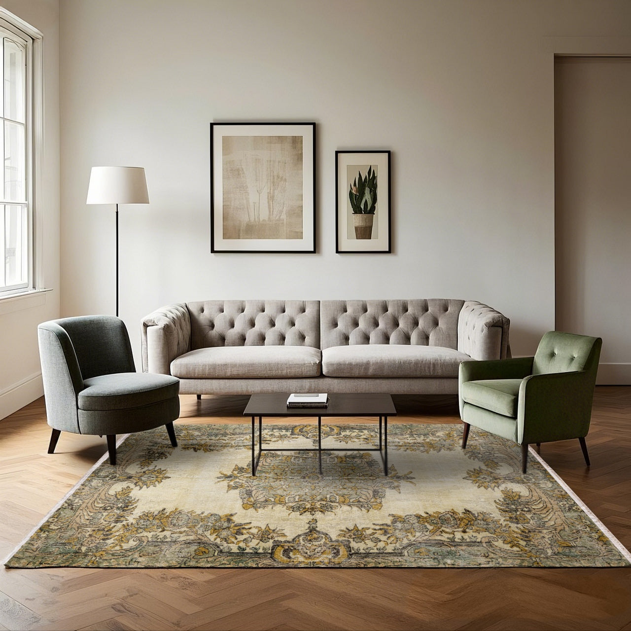 Vintage Yeşil Göbekli Yün ve Pamuk El Dokuma Halı 154x263