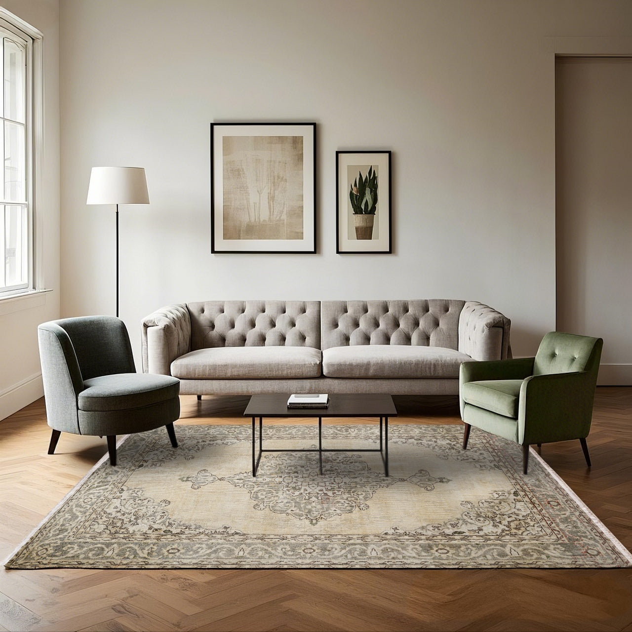 Vintage Gri Göbekli Yün ve Pamuk El Dokuma Halı 148x268