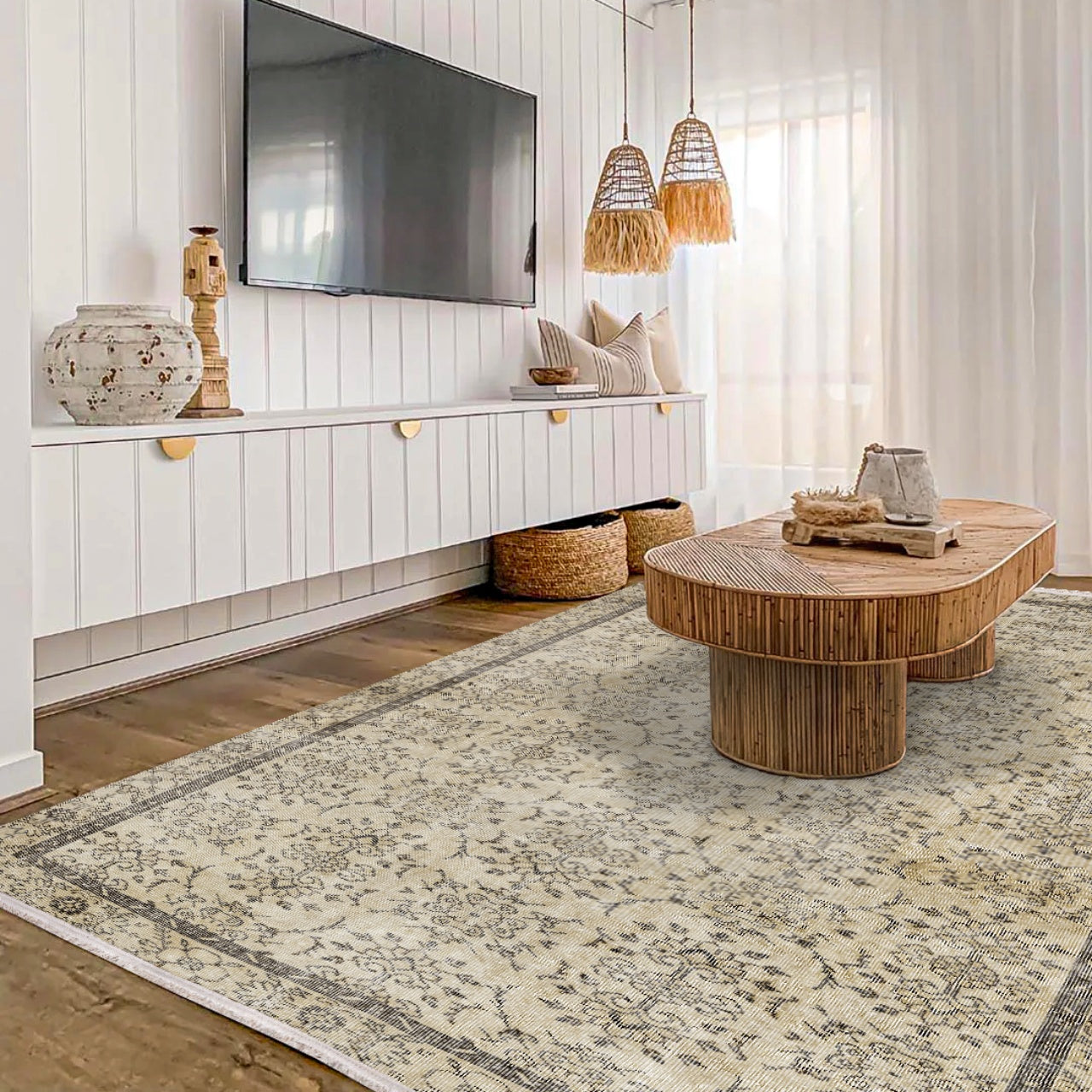 Vintage Kahverengi Çerçeveli Yün ve Pamuk El Dokuma Halı 174x244