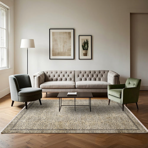 Vintage Kahverengi Çerçeveli Yün ve Pamuk El Dokuma Halı 174x244