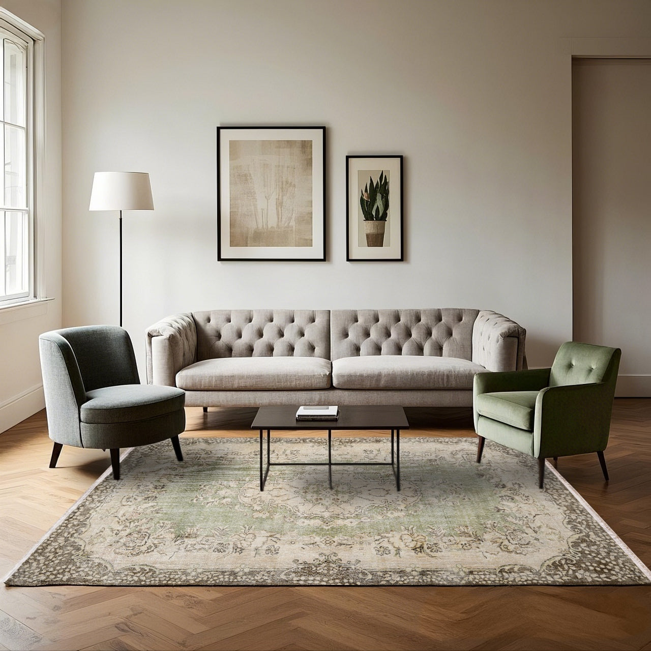 Vintage Yeşil Göbekli Yün ve Pamuk El Dokuma Halı 200x299