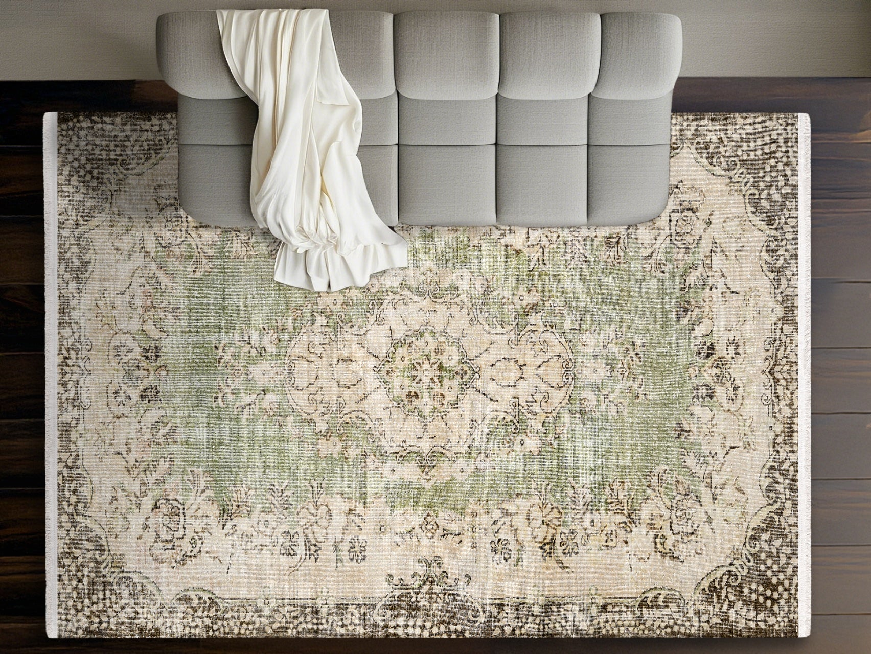 Vintage Yeşil Göbekli Yün ve Pamuk El Dokuma Halı 200x299