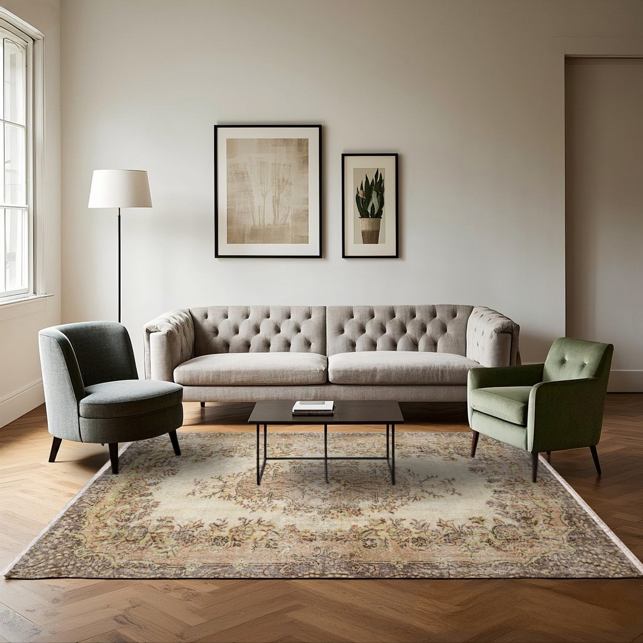 Vintage Bej Göbekli Yün ve Pamuk El Dokuma Halı 167x268