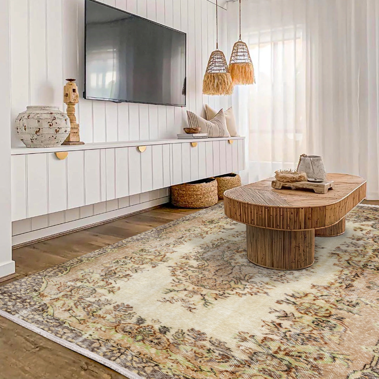 Vintage Bej Göbekli Yün ve Pamuk El Dokuma Halı 167x268