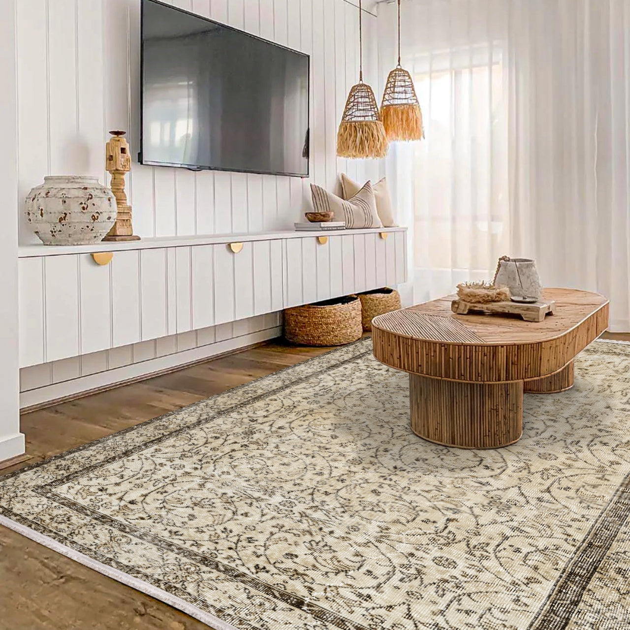 Vintage Kahverengi Çerçeveli Yün ve Pamuk El Dokuma Halı 158x260