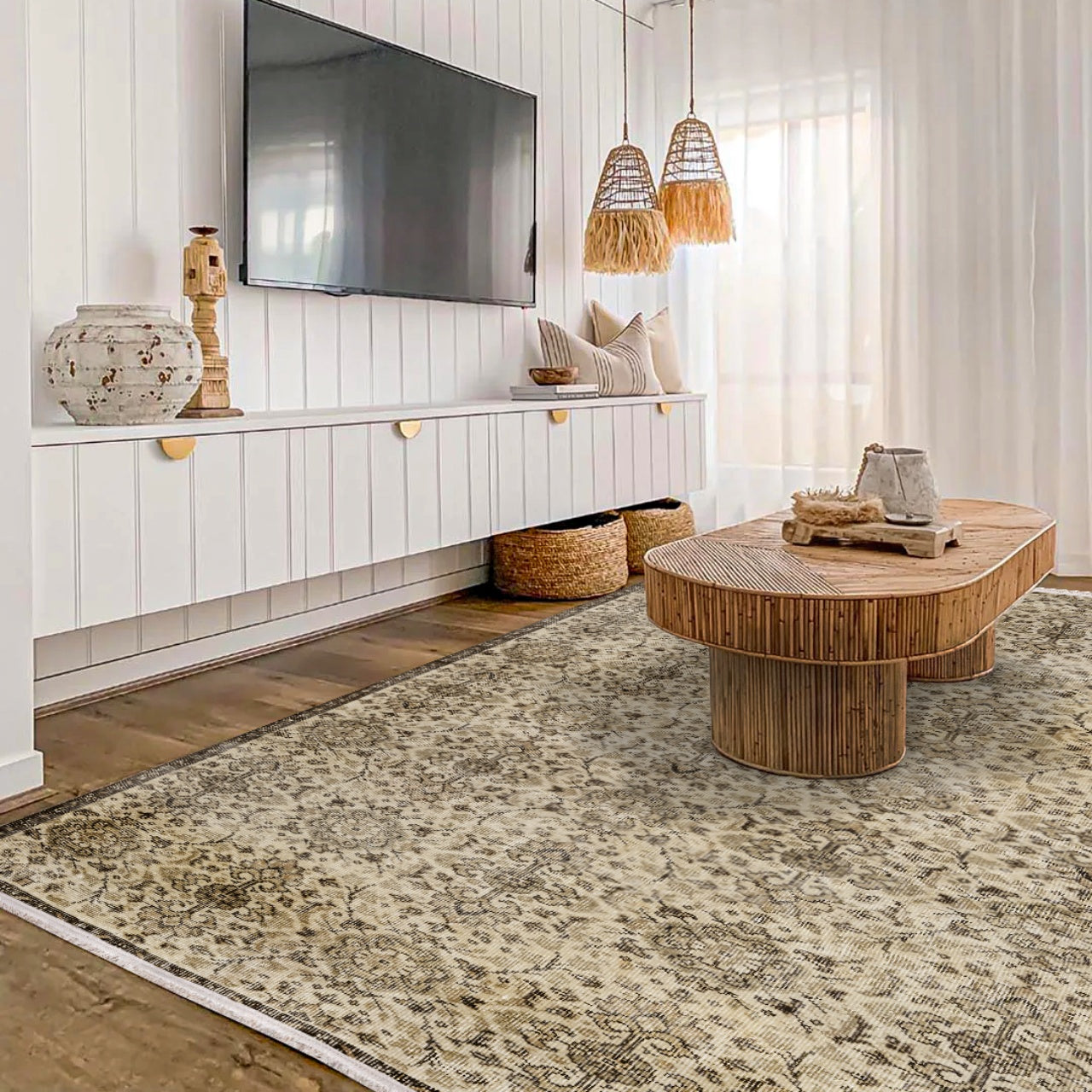 Vintage Kahverengi Çerçeveli Yün ve Pamuk El Dokuma Halı 191x281