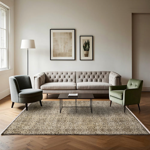 Vintage Kahverengi Çerçeveli Yün ve Pamuk El Dokuma Halı 191x281