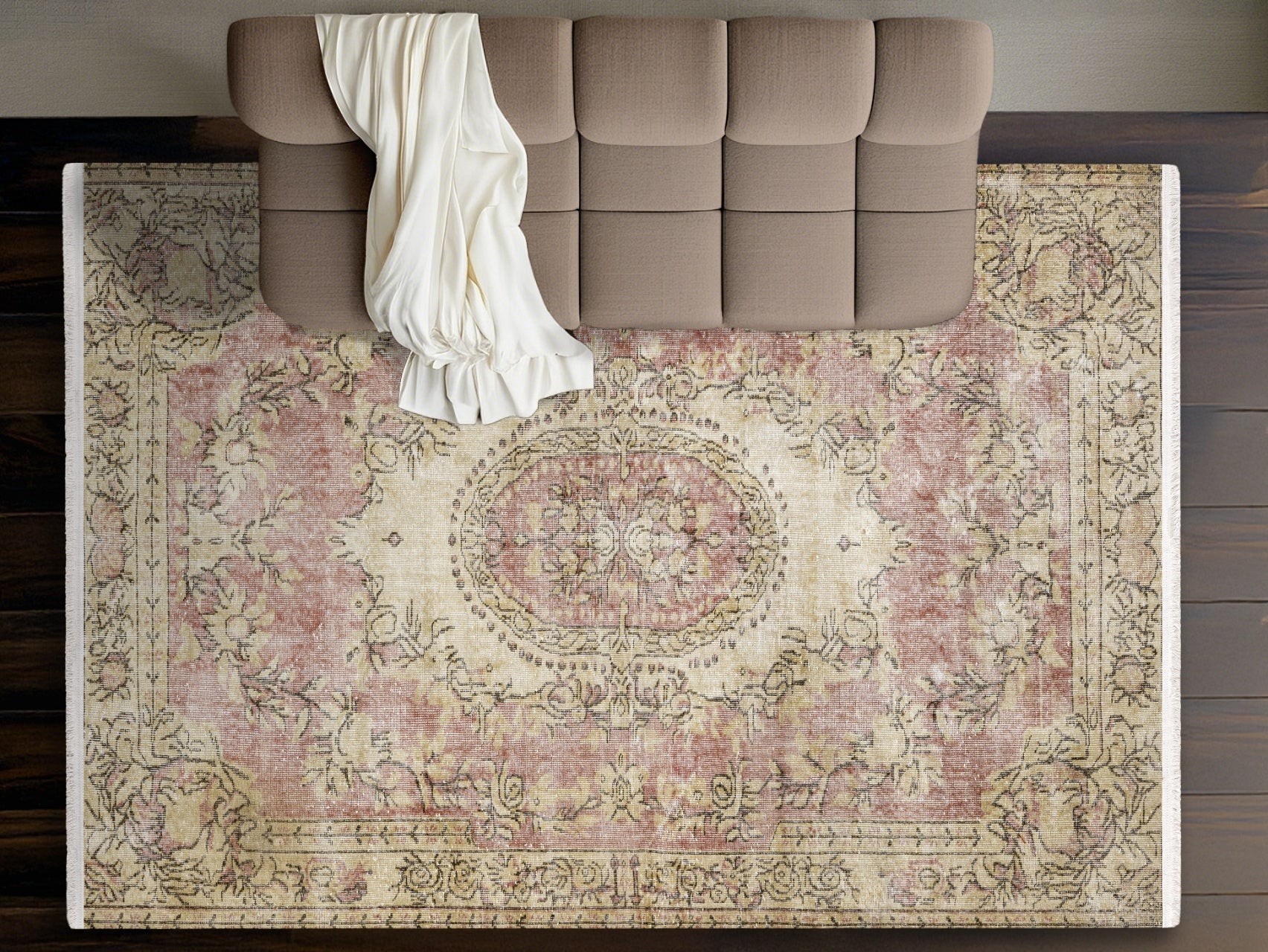 Vintage Pembe Göbekli Yün ve Pamuk El Dokuma Halı 296x170