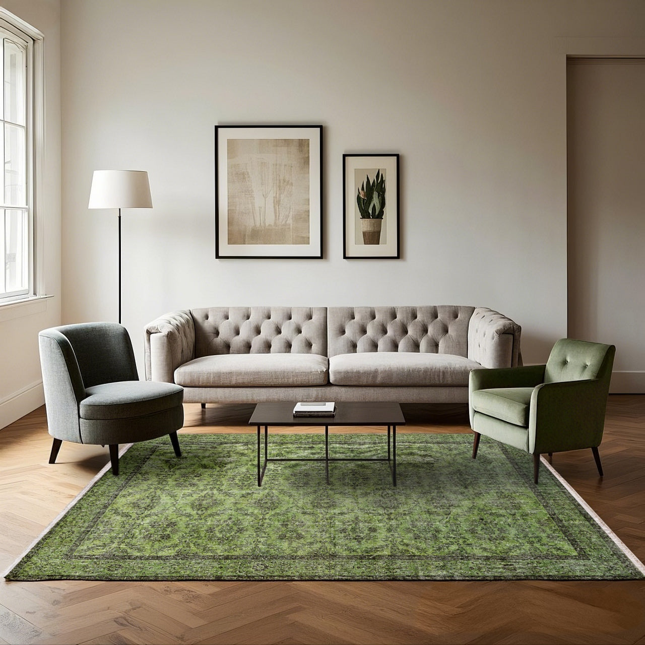 Vintage Yeşil Çerçeveli Yün ve Pamuk El Dokuma Halı 188x279