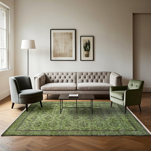 Vintage Yeşil Çerçeveli Yün ve Pamuk El Dokuma Halı 188x279