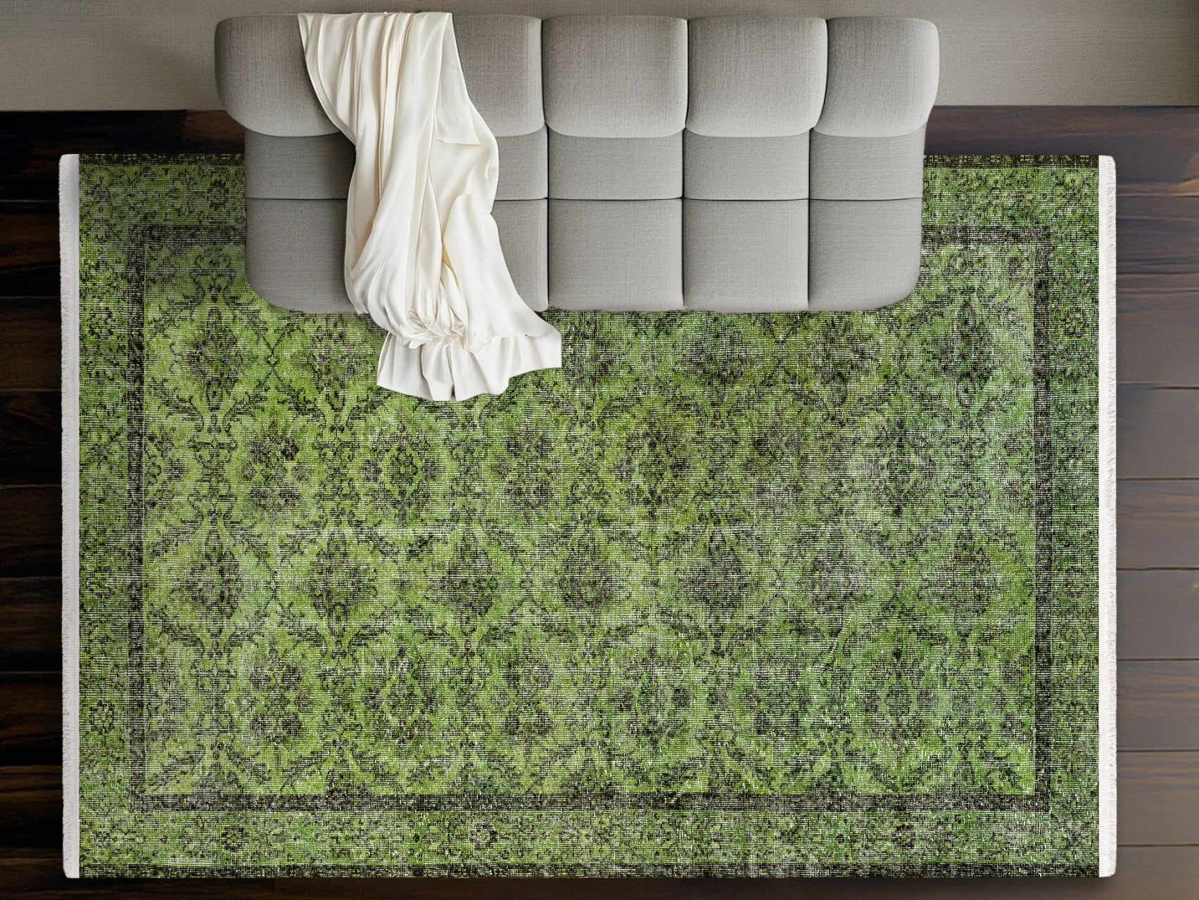 Vintage Yeşil Çerçeveli Yün ve Pamuk El Dokuma Halı 188x279