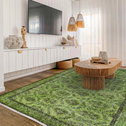 Vintage Yeşil Çerçeveli Yün ve Pamuk El Dokuma Halı 188x279