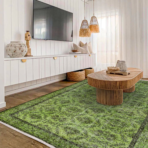 Vintage Yeşil Çerçeveli Yün ve Pamuk El Dokuma Halı 188x279