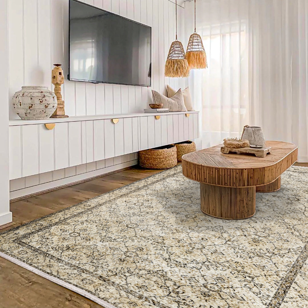 Vintage Kahverengi Çerçeveli Yün ve Pamuk El Dokuma Halı 214x310