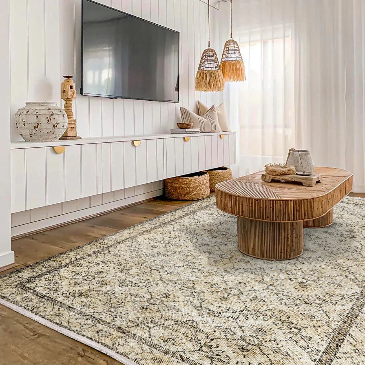 Bej Bordürlü Minimalist Halı - Yıkanabilir - Kaymaz Taban - Pati Dostu