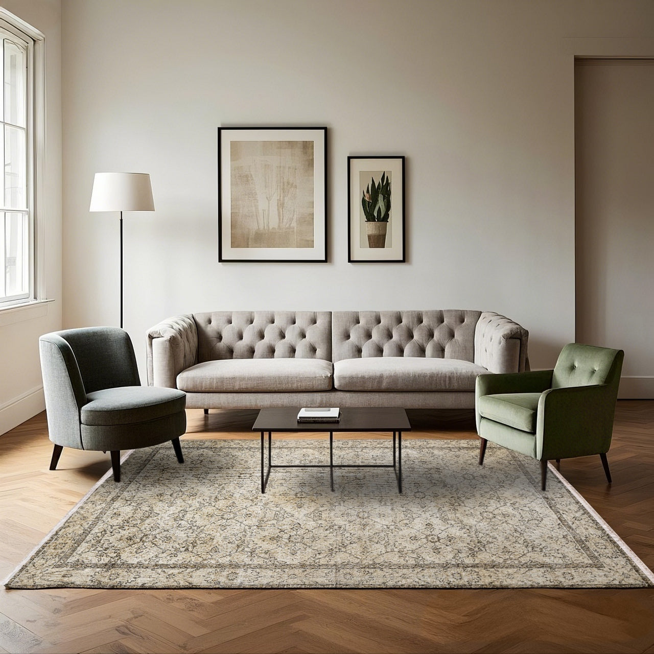 Vintage Kahverengi Çerçeveli Yün ve Pamuk El Dokuma Halı 214x310