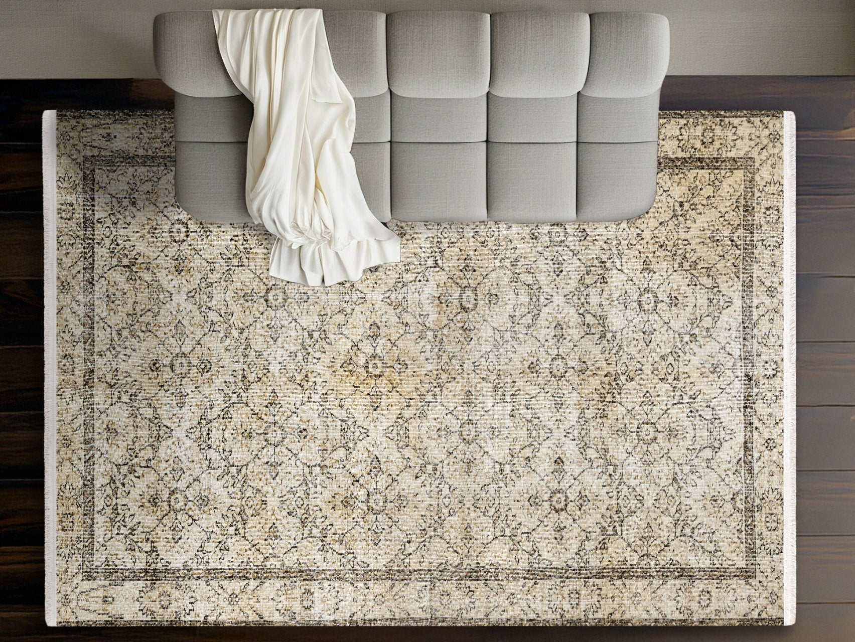 Vintage Kahverengi Çerçeveli Yün ve Pamuk El Dokuma Halı 214x310