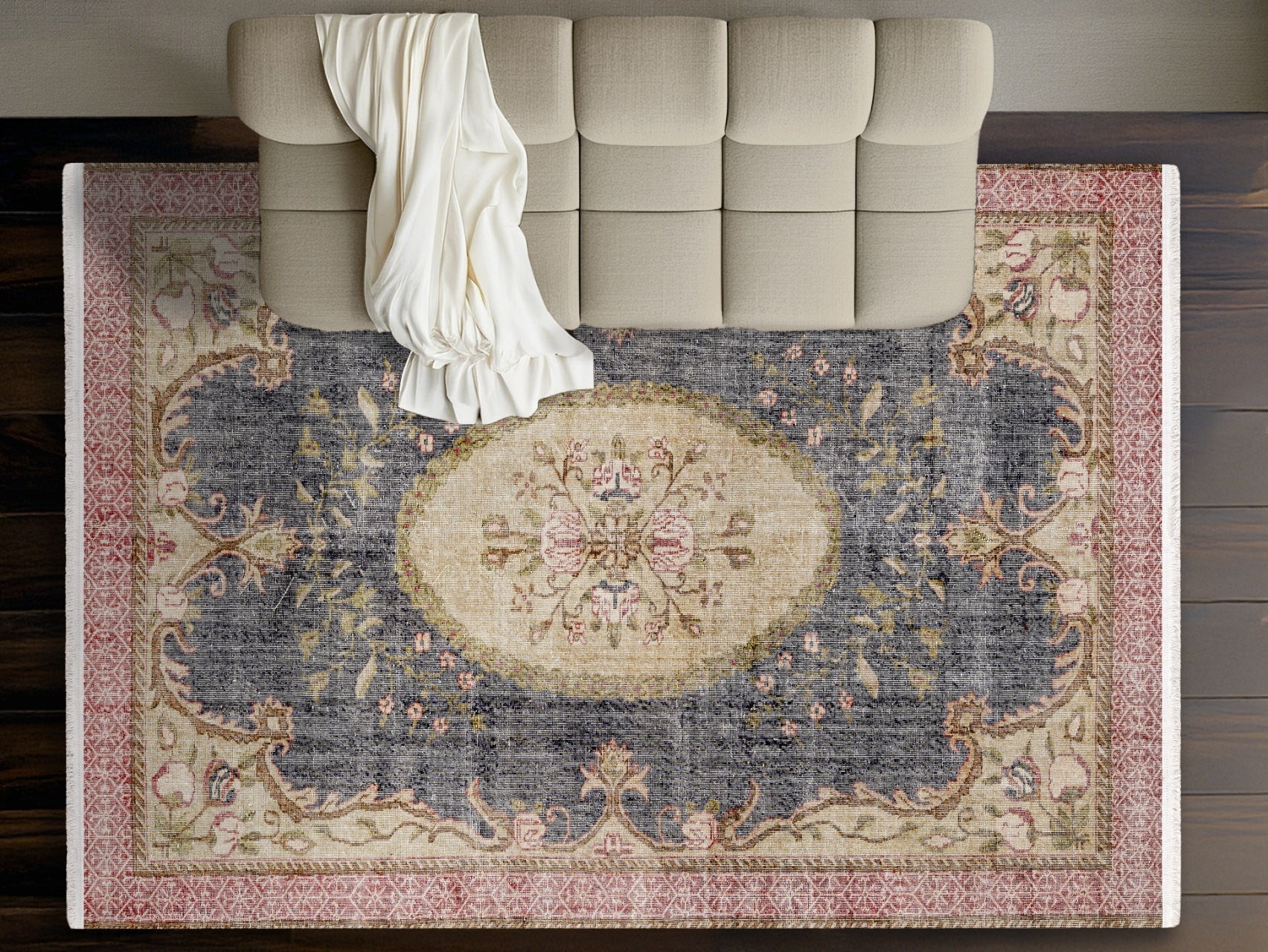 Vintage Lacivert Göbekli Yün ve Pamuk El Dokuma Halı 206x291