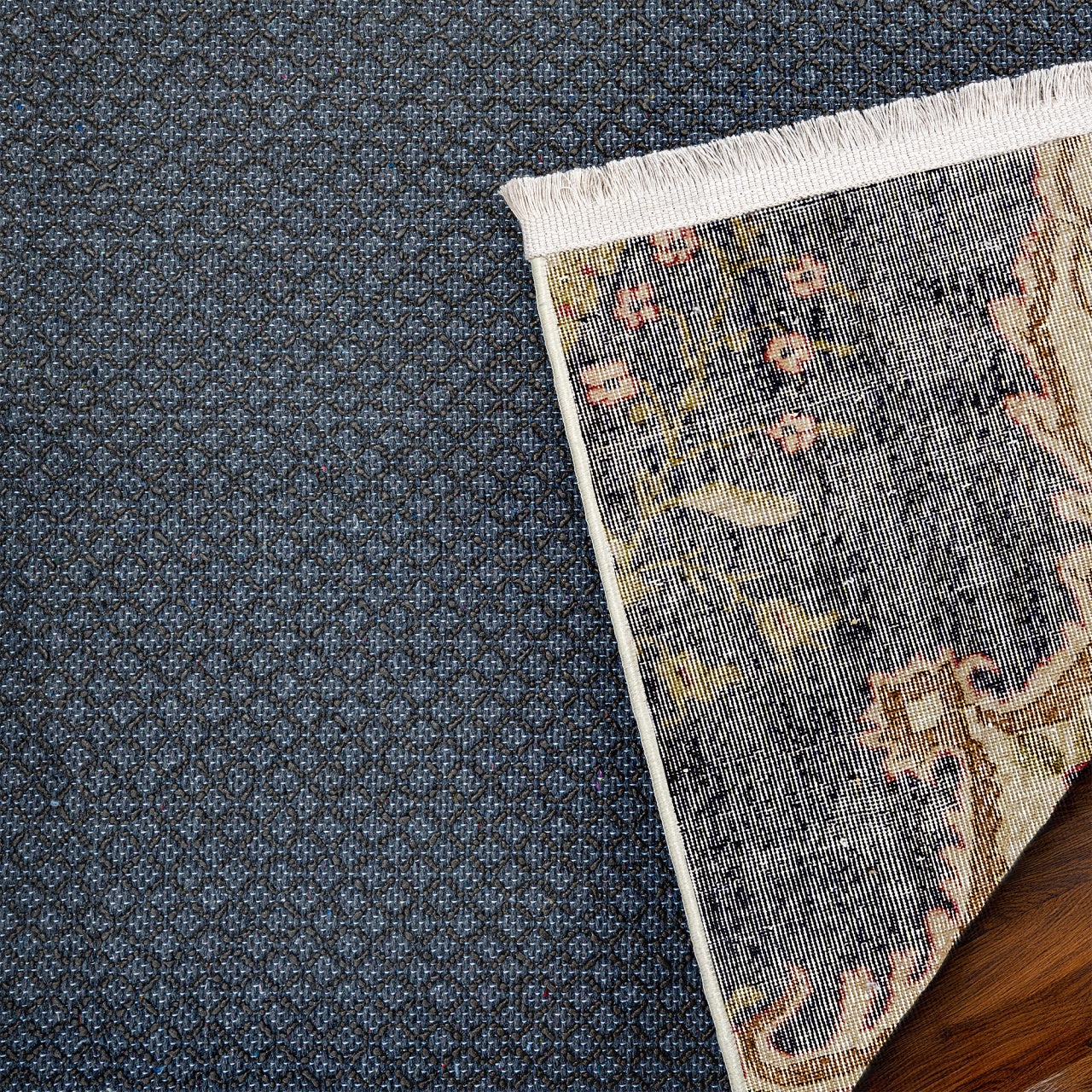 Vintage Lacivert Göbekli Yün ve Pamuk El Dokuma Halı 206x291