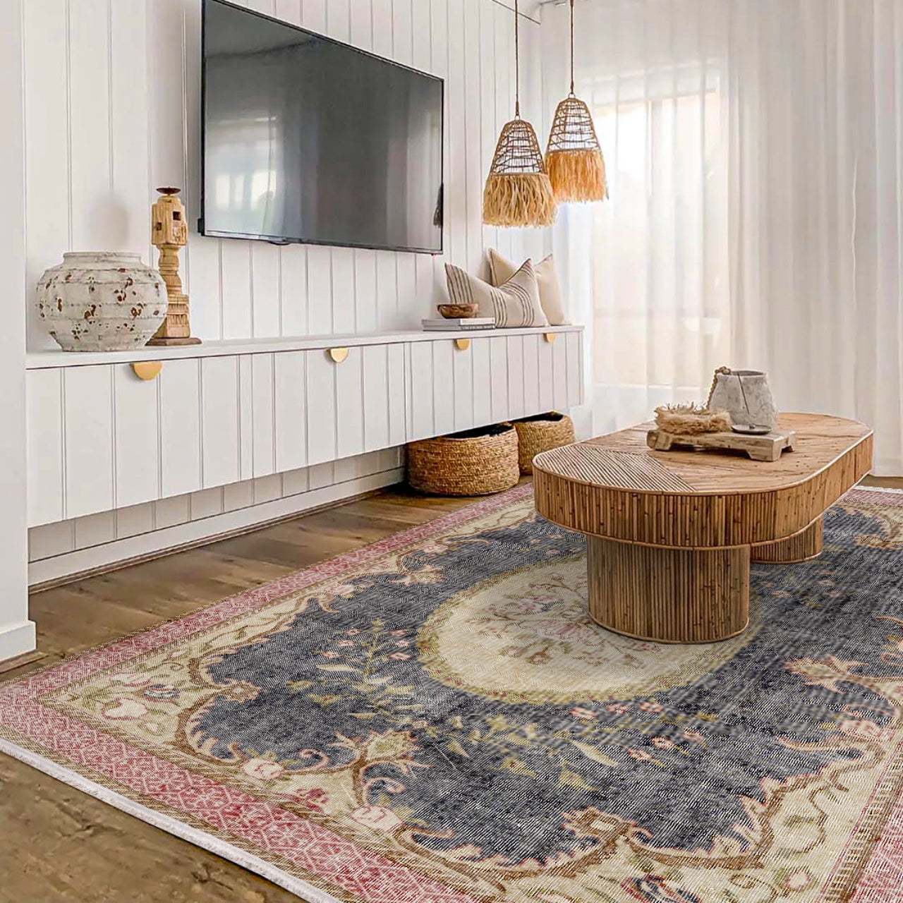 Vintage Lacivert Göbekli Yün ve Pamuk El Dokuma Halı 206x291