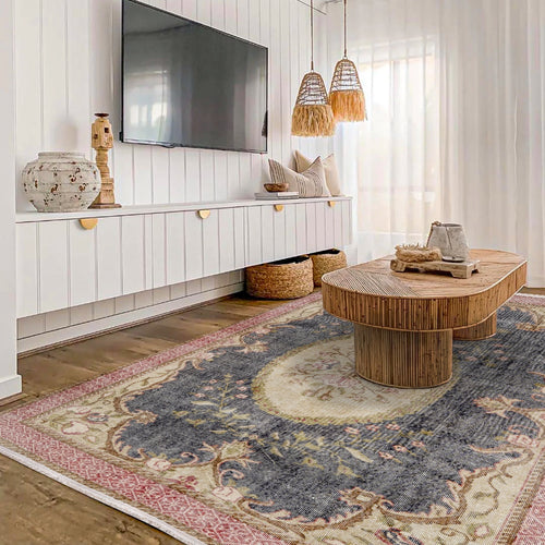 Vintage Lacivert Göbekli Yün ve Pamuk El Dokuma Halı 206x291