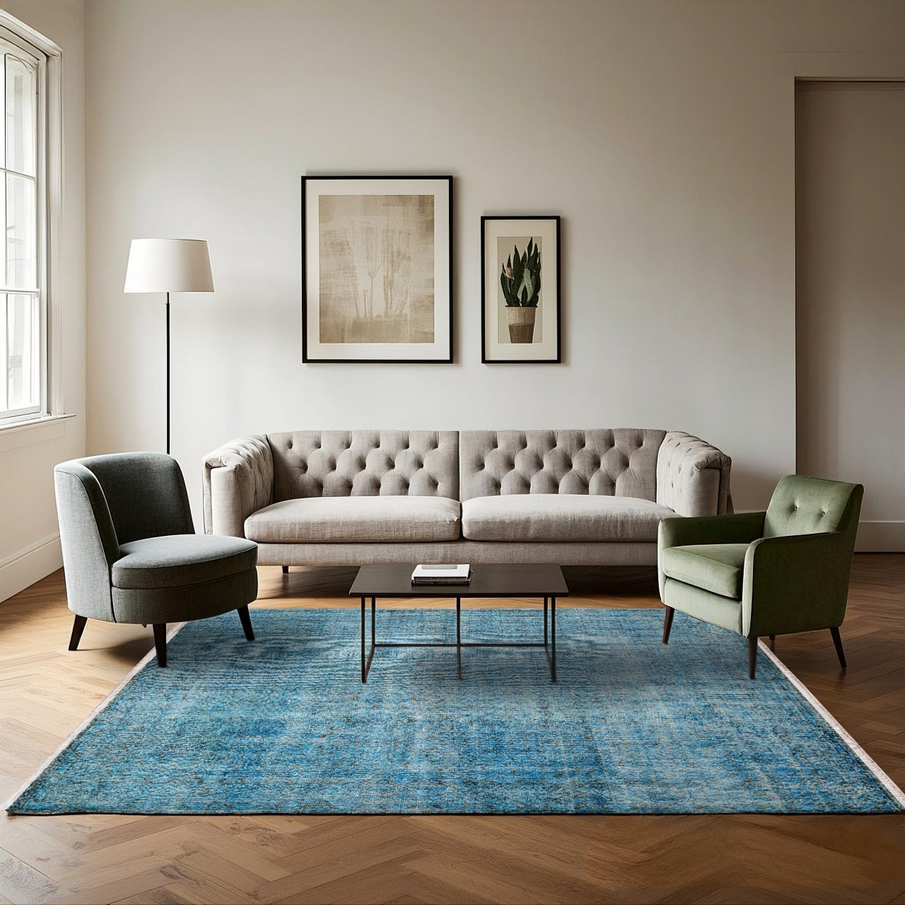 Vintage Mavi Göbekli Yün ve Pamuk El Dokuma Halı 182x283