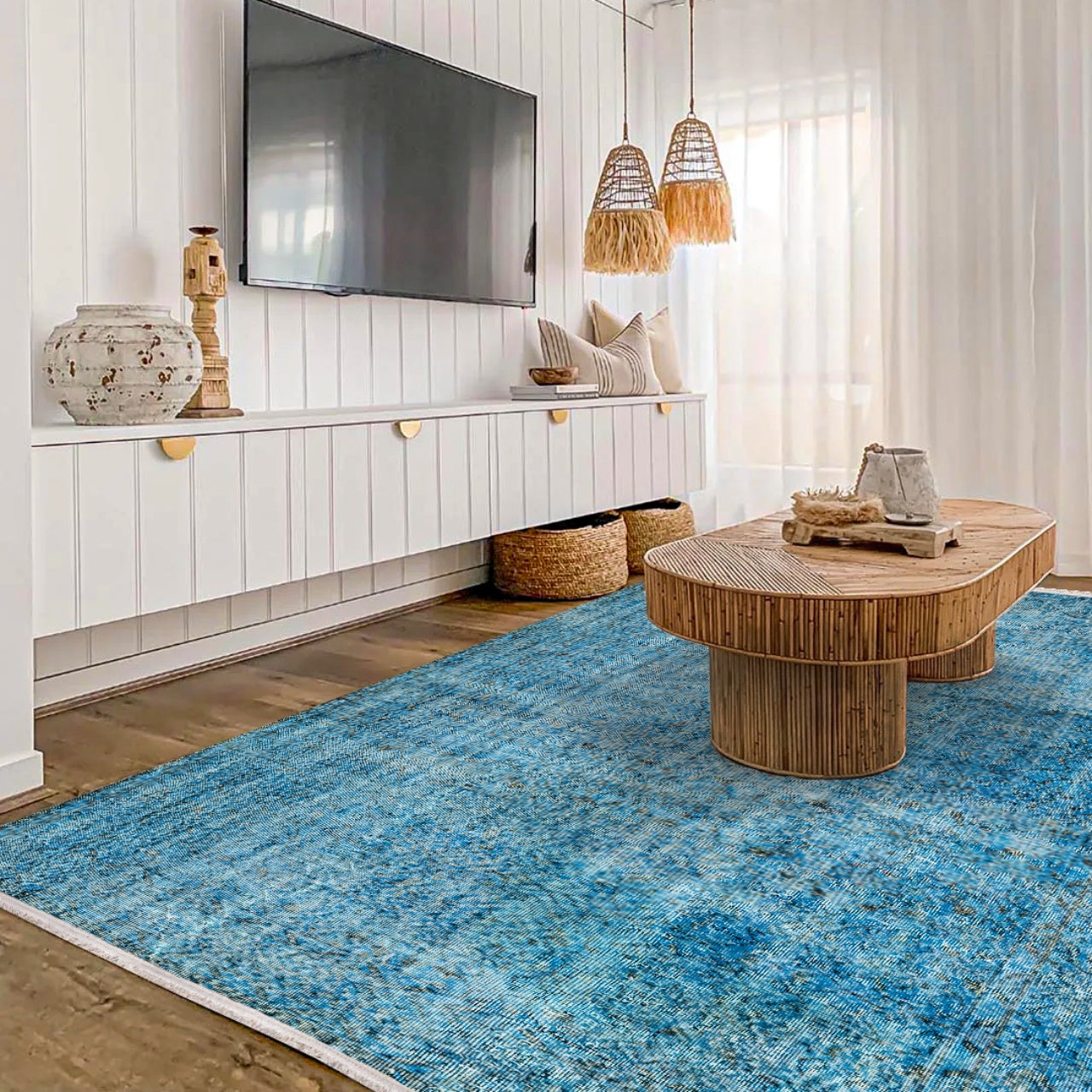 Vintage Mavi Göbekli Yün ve Pamuk El Dokuma Halı 182x283