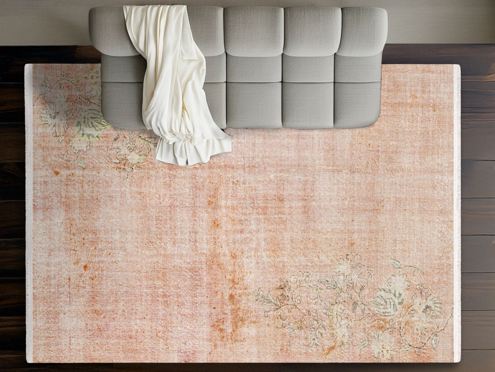 Vintage Pembe Çiçekli Yün ve Pamuk El Dokuma Halı 199x299