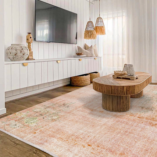 Vintage Pembe Çiçekli Yün ve Pamuk El Dokuma Halı 199x299