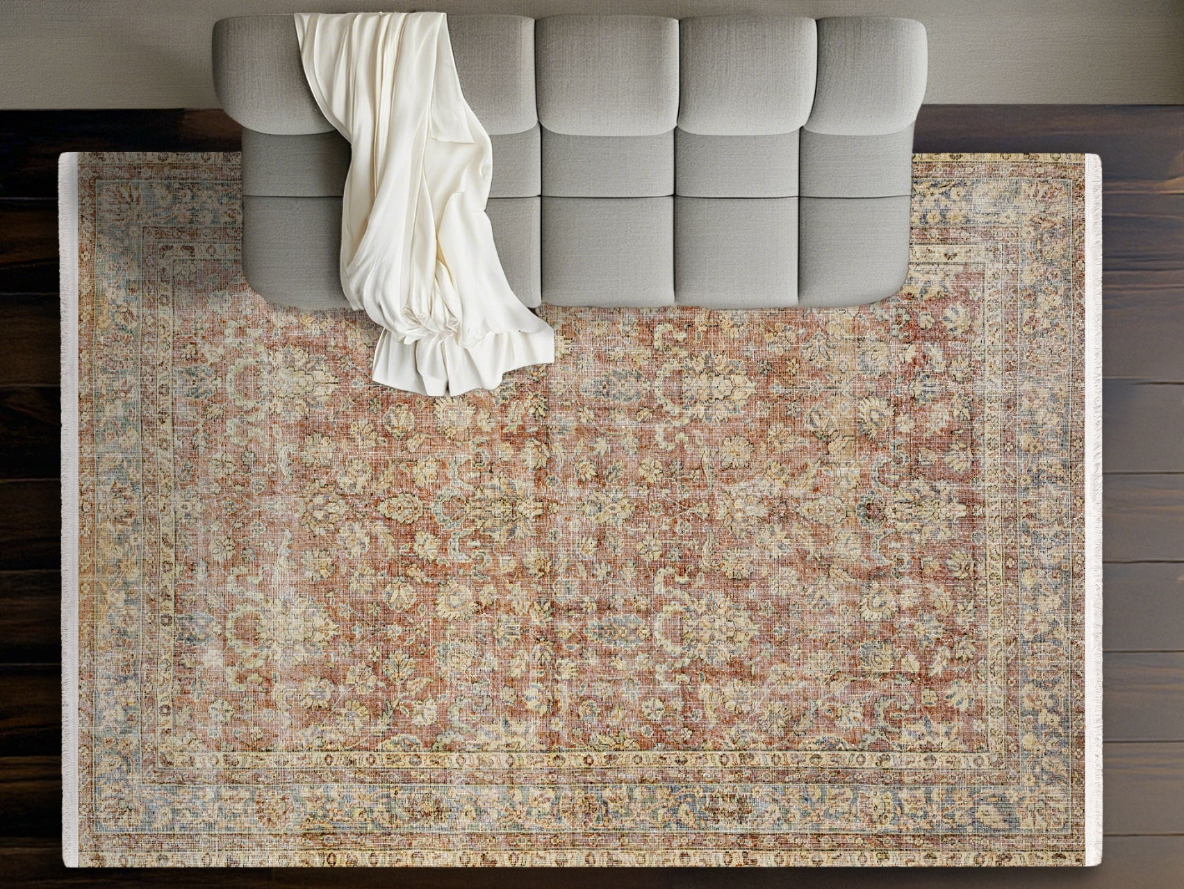 Vintage Bej Çiçekli Yün ve Pamuk El Dokuma Halı 156x240