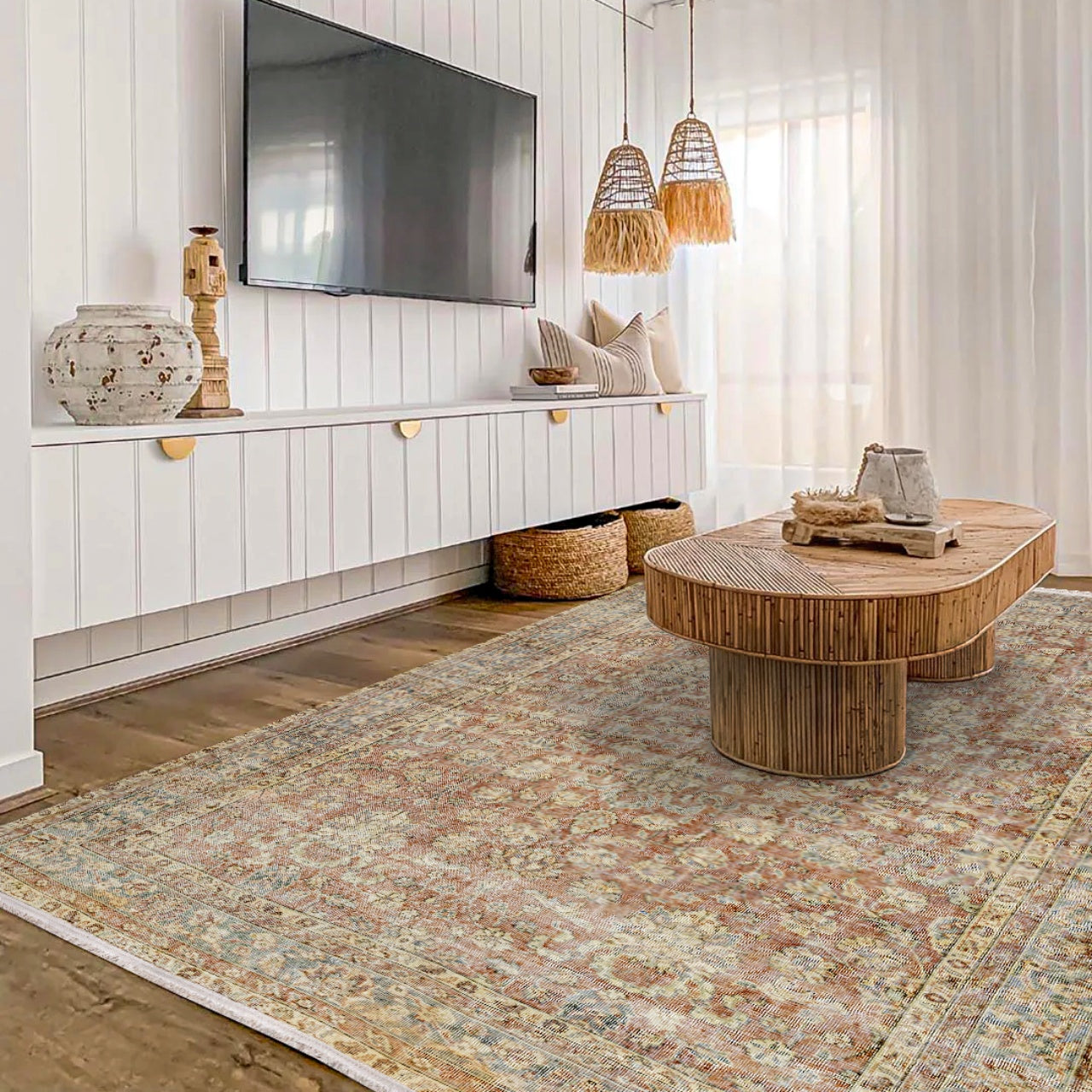 Vintage Bej Çiçekli Yün ve Pamuk El Dokuma Halı 156x240