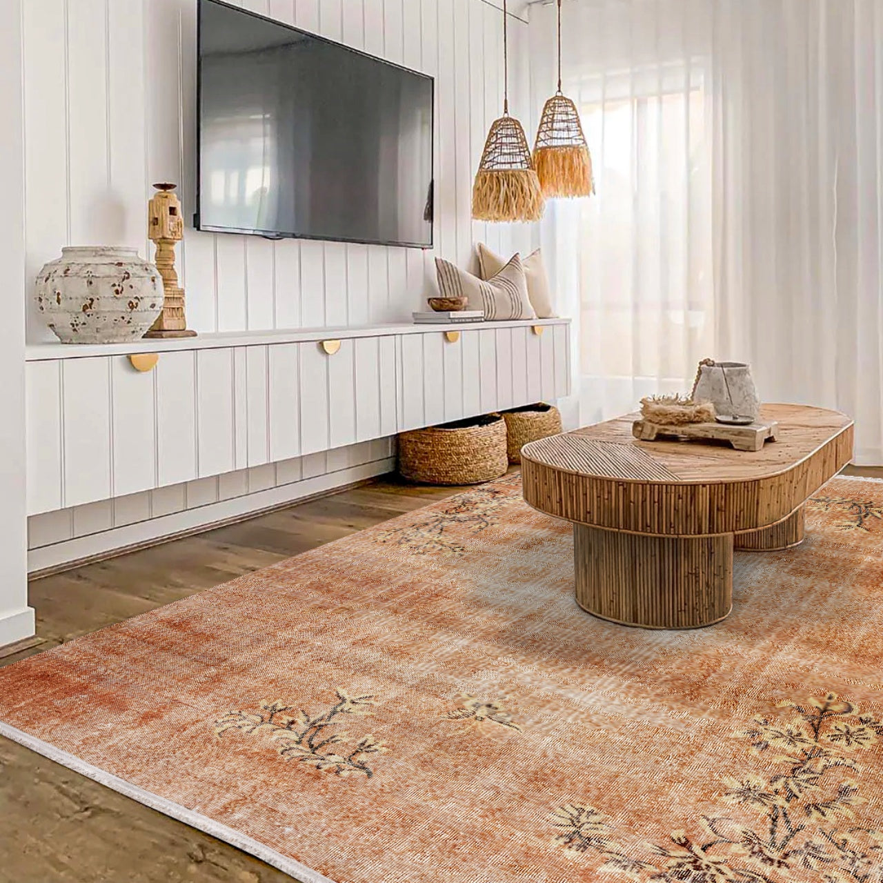 Vintage Pembe Çiçekli Yün ve Pamuk El Dokuma Halı 163x257