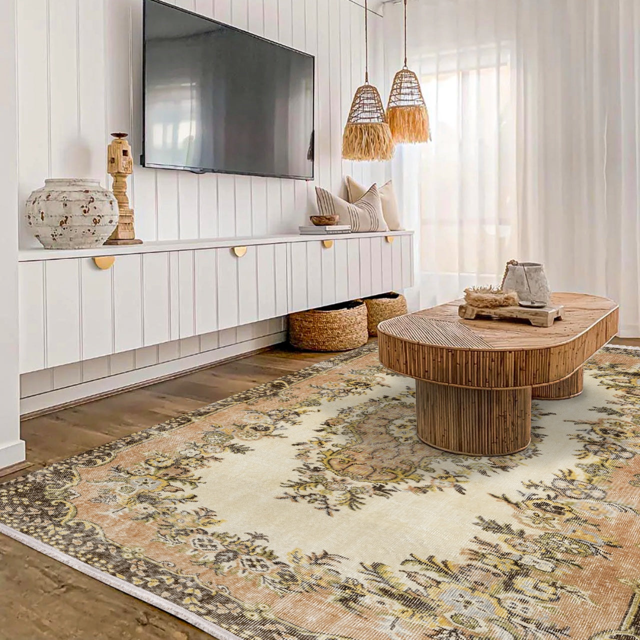 Vintage Kahverengi Göbekli Yün ve Pamuk El Dokuma Halı 157x272