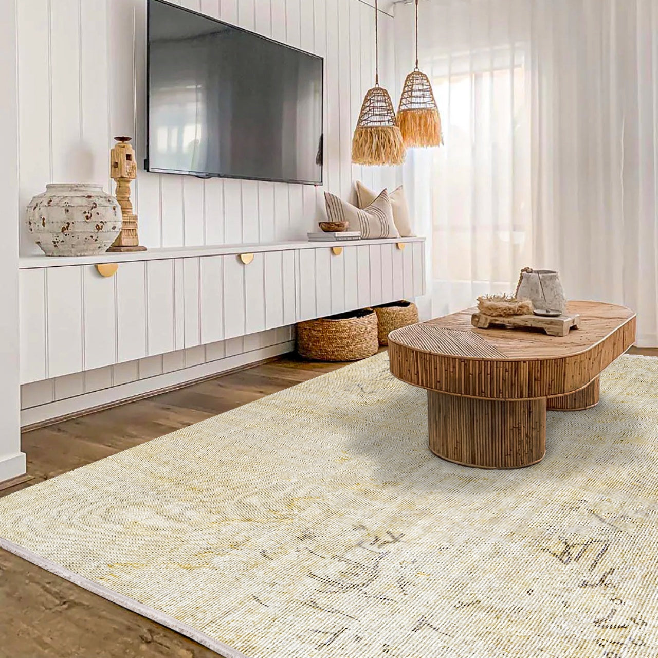 Vintage Krem Çiçekli Yün ve Pamuk El Dokuma Halı 167x260