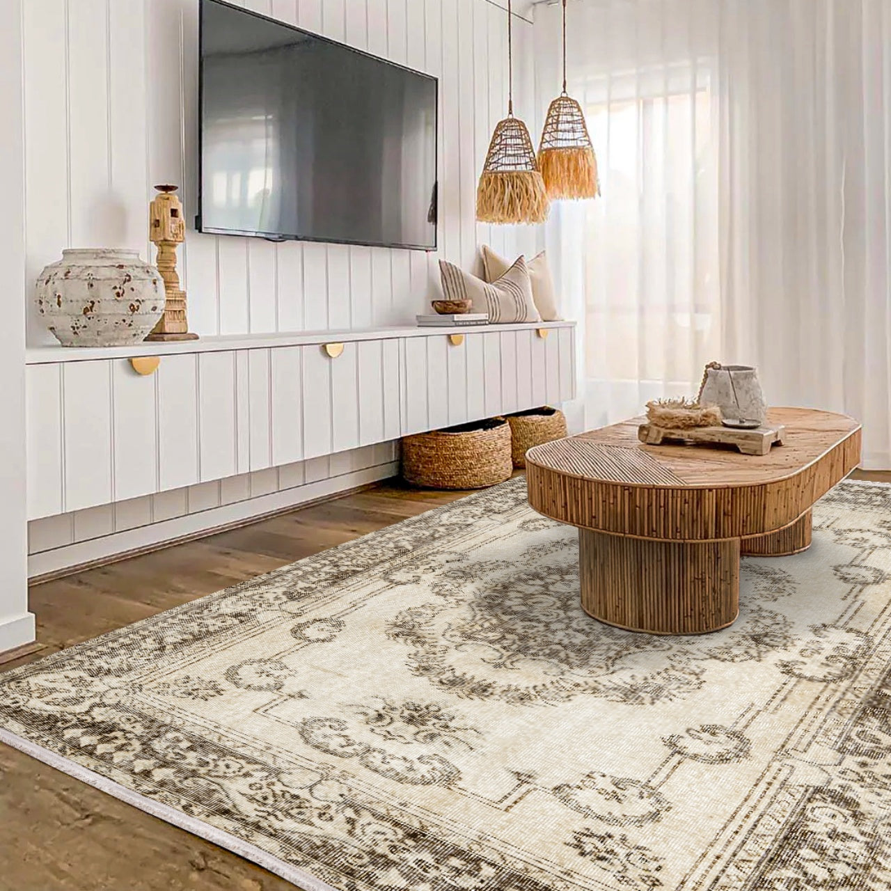 Vintage Kahverengi Göbekli Yün ve Pamuk El Dokuma Halı 284x163