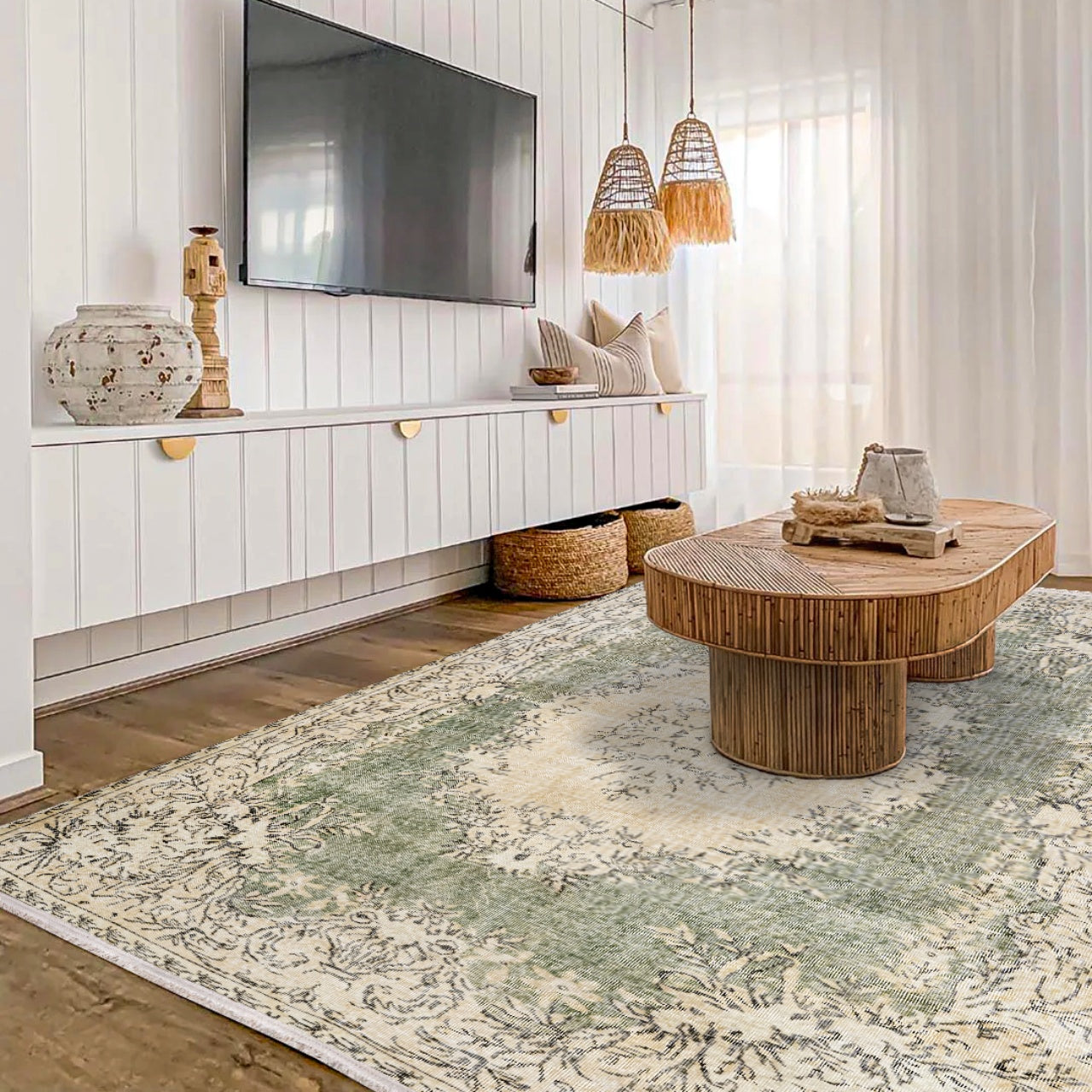 Vintage Yeşil Göbekli Yün ve Pamuk El Dokuma Halı 196x303