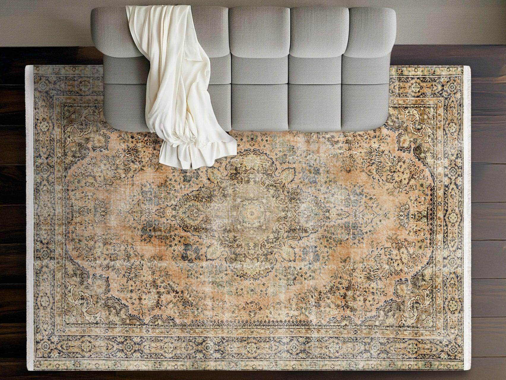 Gri Mavi Bohem Dokulu Halı - Yıkanabilir - Kaymaz Taban - Pati Dostu