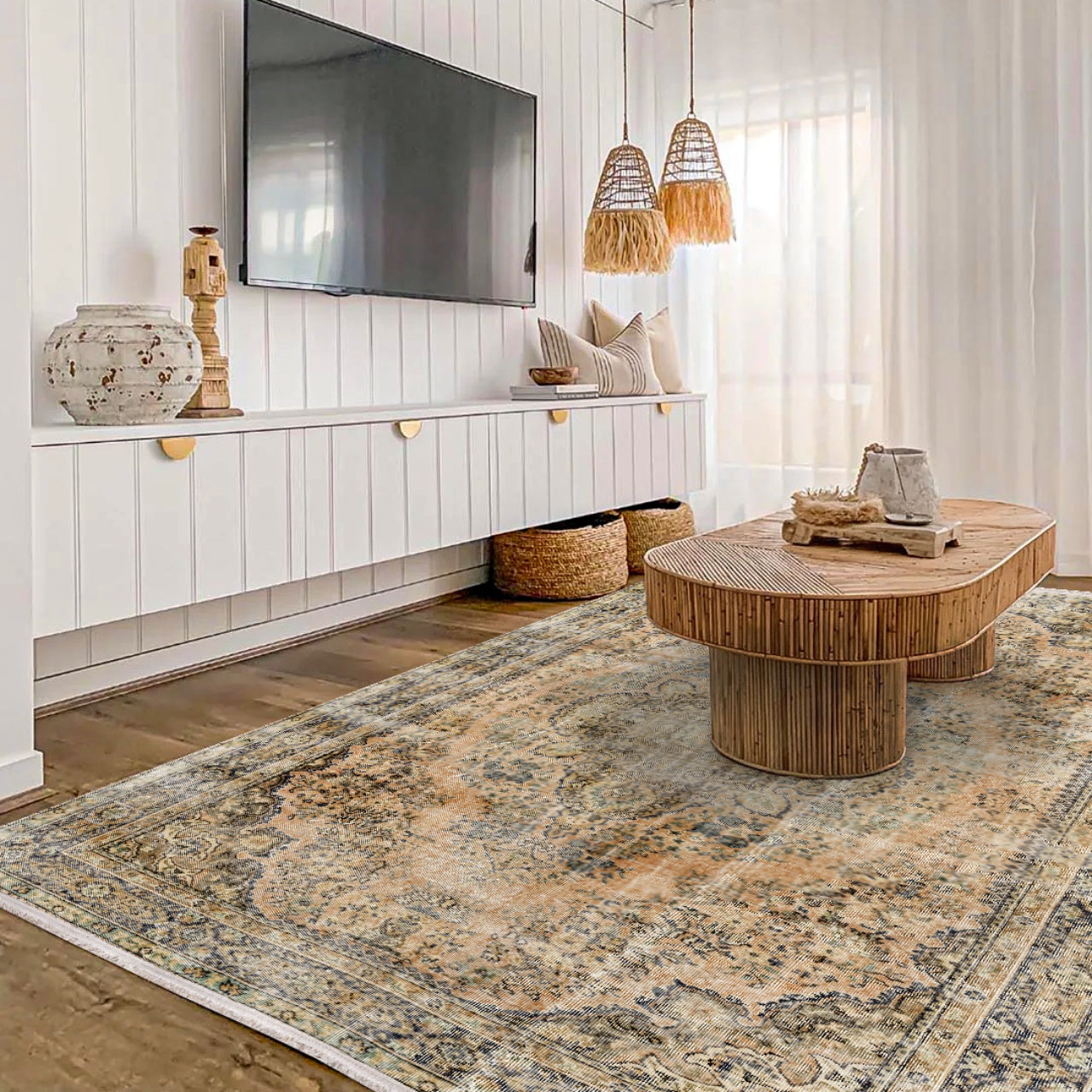 Vintage Bej Göbekli Yün ve Pamuk El Dokuma Halı 178x280