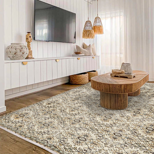 Vintage Krem Çiekli Yün ve Pamuk El Dokuma Halı 186x296