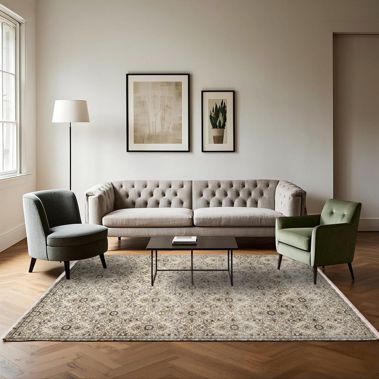 Vintage Krem Çiekli Yün ve Pamuk El Dokuma Halı 186x296