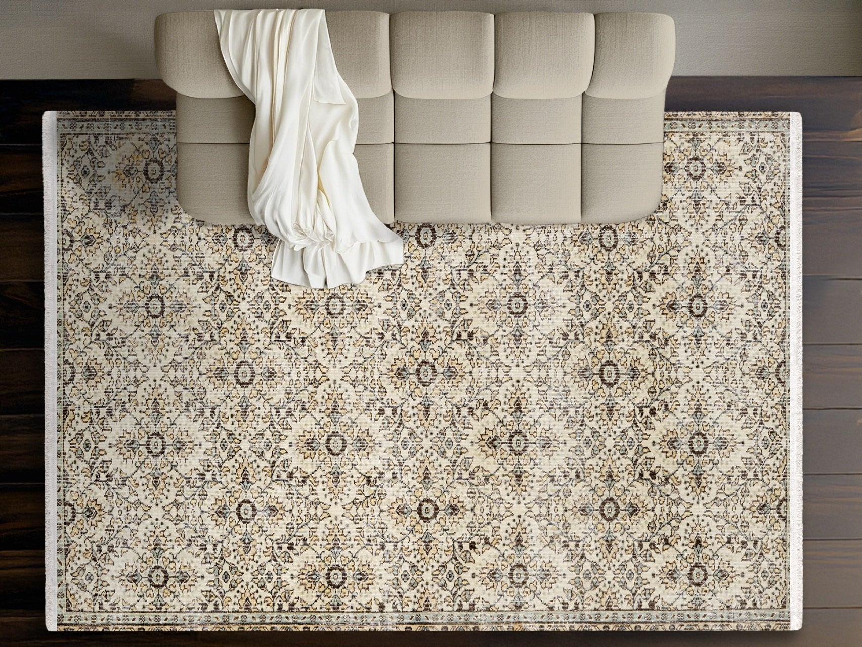 Vintage Krem Çiekli Yün ve Pamuk El Dokuma Halı 186x296