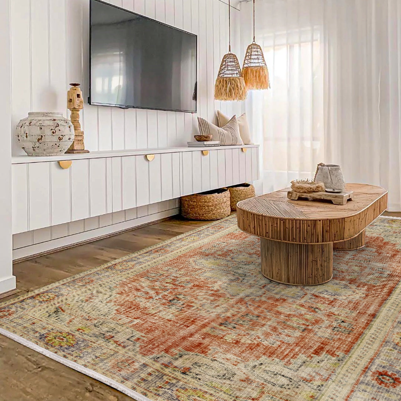 Vintage Kırmızı Göbekli Yün ve Pamuk El Dokuma Halı 188x247