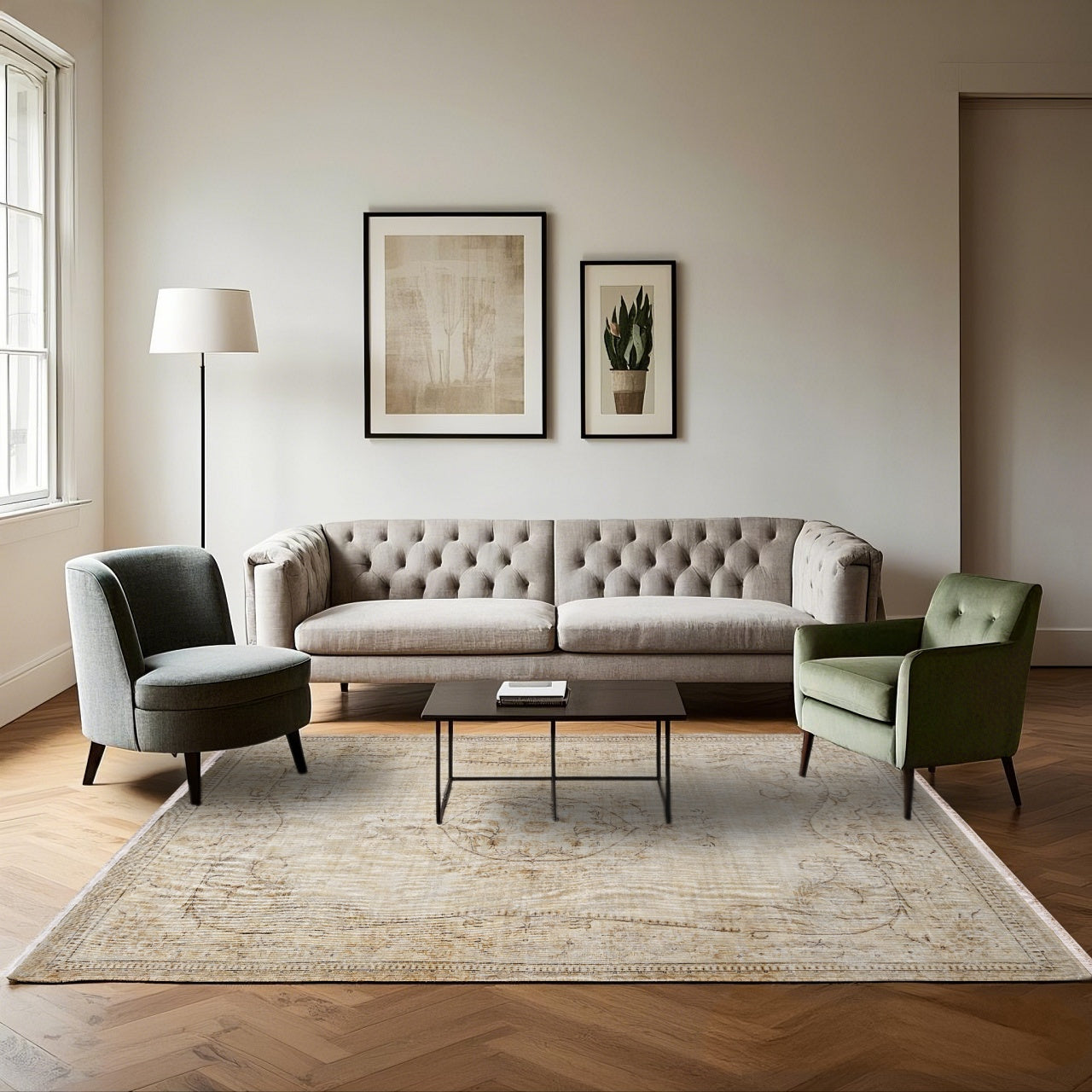 Vintage Bej Göbekli Yün ve Pamuk El Dokuma Halı 146x276