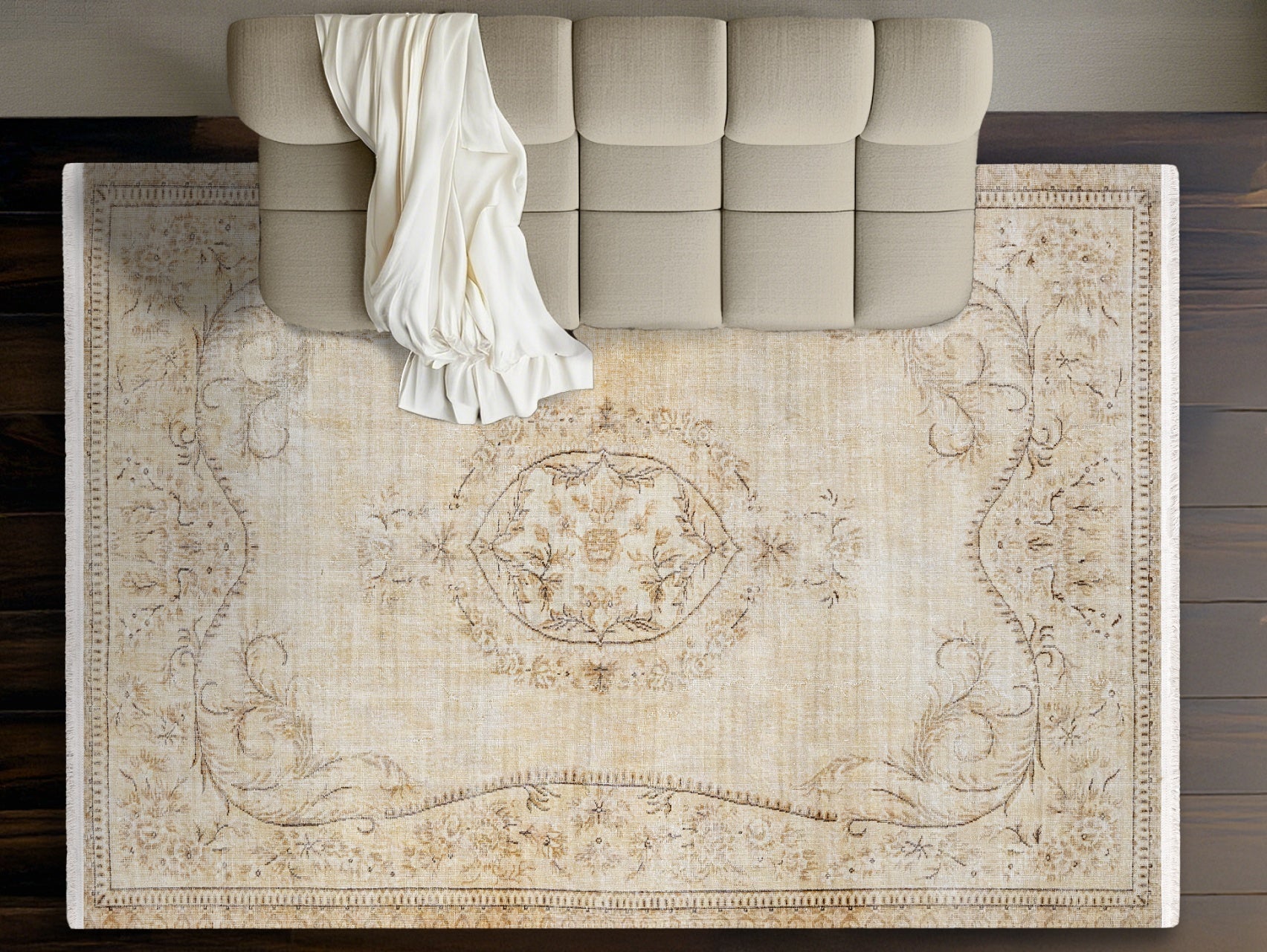 Vintage Bej Göbekli Yün ve Pamuk El Dokuma Halı 146x276